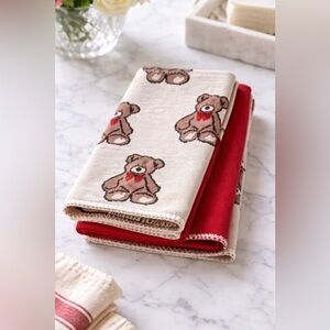 Rachel Ashwell Teddy Bear Kitchen Towels Set 3 Cotton Red Cream Reversible New